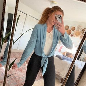 Boutique Lightweight Denim Button Up Tie Waist Long Sleeve Shirt